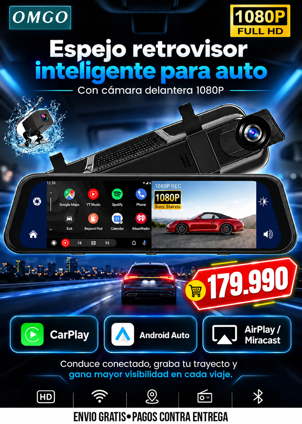 ESPEJO RETROVISOR CON CÁMARA DELANTERA PARA AUTO